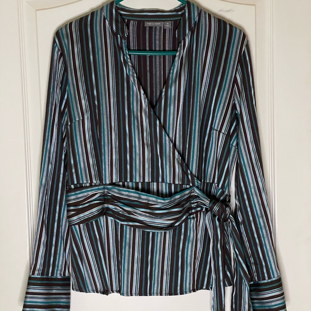 Apt. 9 Brown and Blue Wrap Blouse with Cuffed Sleeves